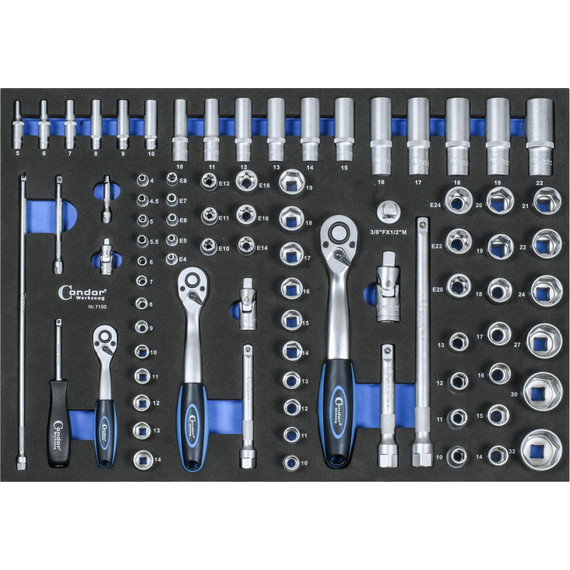 Condor Dugókulcs készlet tálcás 85db-os 1/4"+3/8"+1/2" 3/3